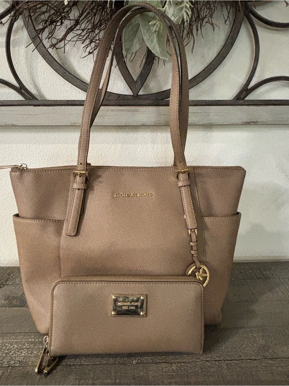 Michael Kors Taupe Saffiano Leather Tote with Matching Wallet